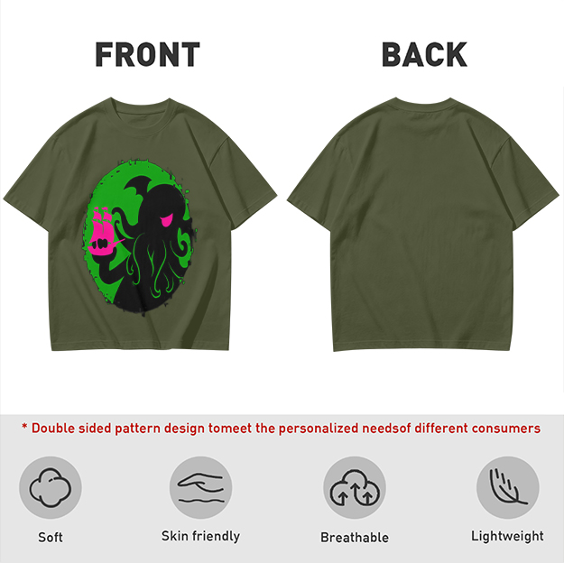 Olive T-Shirt With Cthulhu Holding Pink Ship Graphic Print