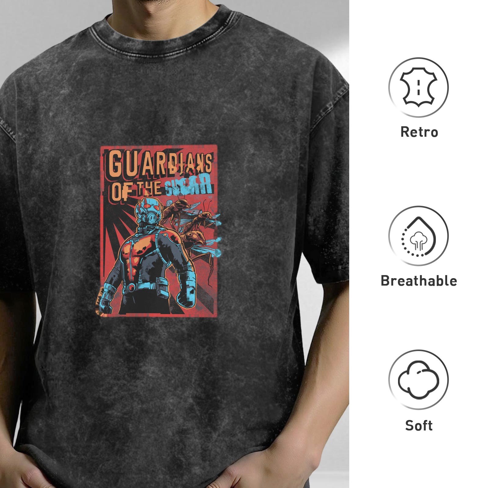 Washed black graphic t-shirt with Guardians of the Galaxy style superhero print