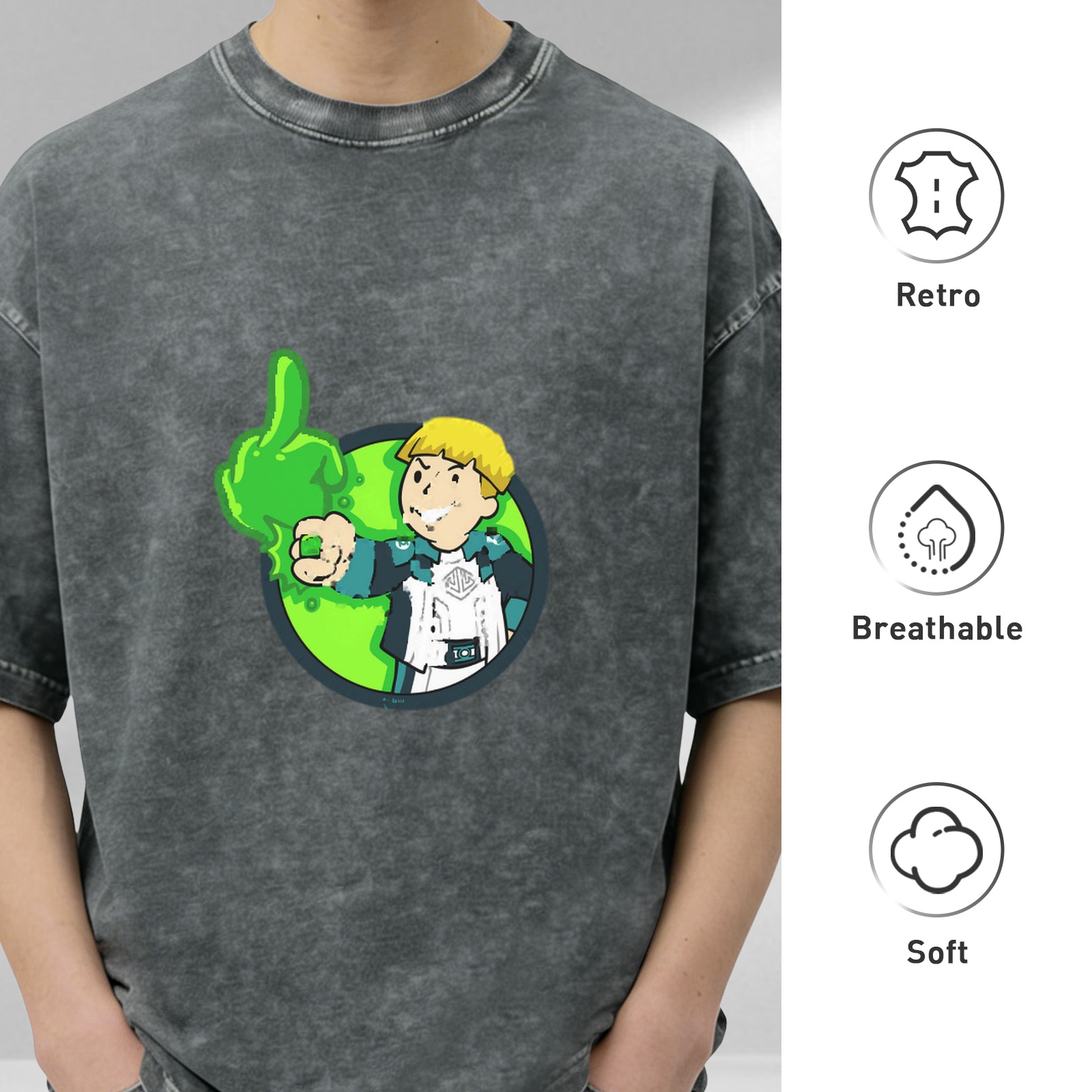 Oversized Acid Wash T-Shirt With Cartoon Character And Green Slime Graphic