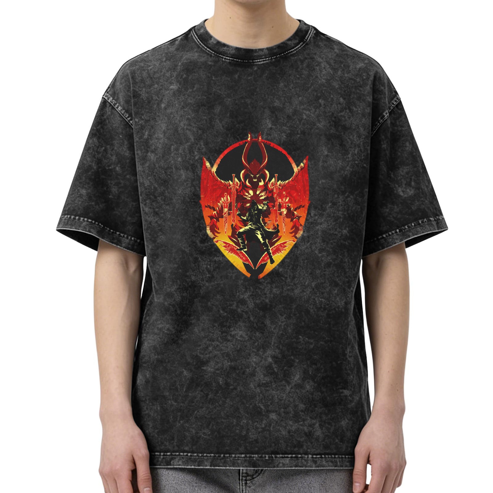 Washed Black Graphic T-Shirt With Fiery Demon Emblem Design