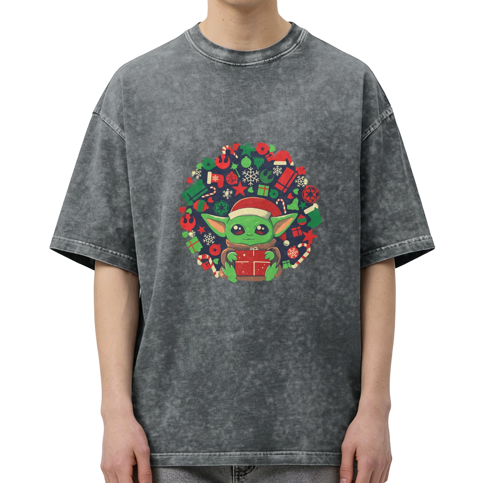 Baby Yoda Christmas Wreath Graphic Stonewashed Black T-Shirt