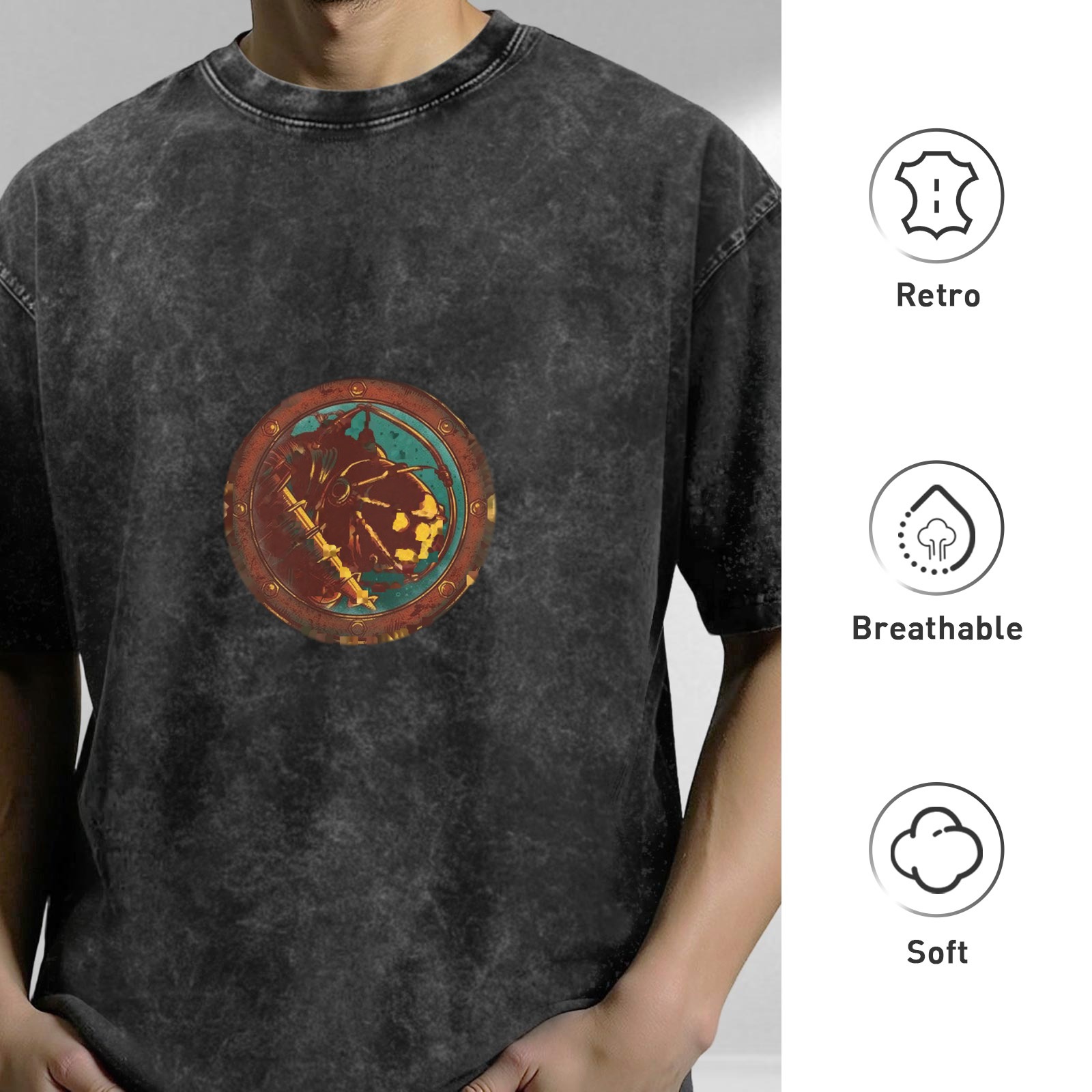 Distressed washed black round neck short-sleeved T-shirt Retro distressed style circular pattern printed top