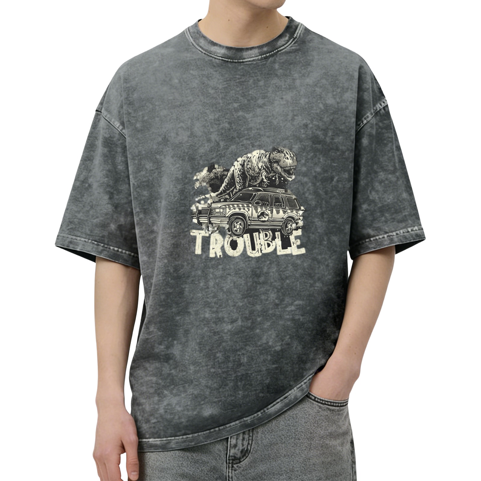 Washed Black T-Rex Dinosaur SUV Trouble Graphic T-Shirt