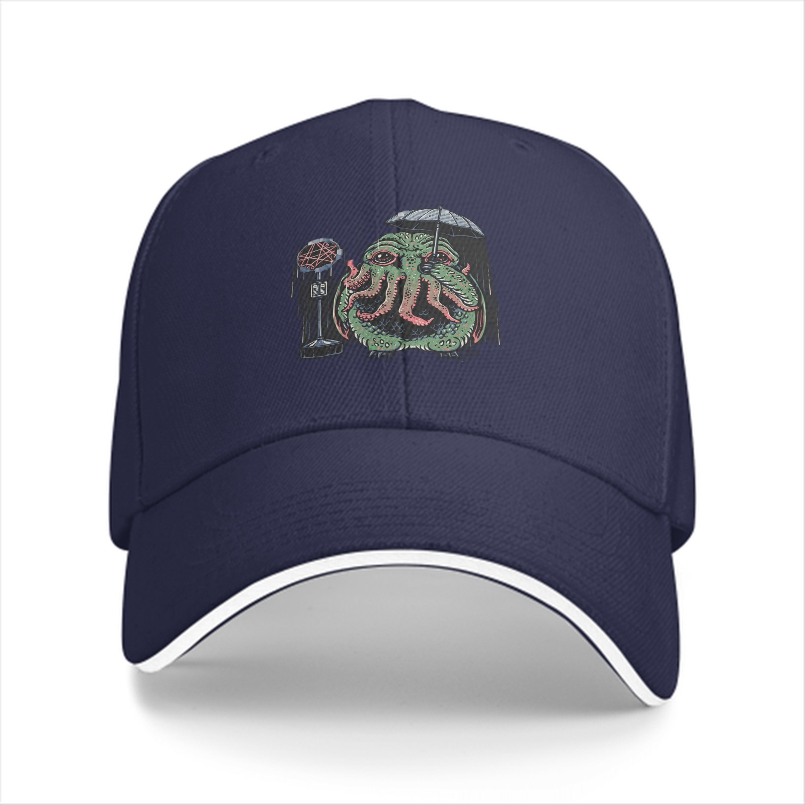 Black Baseball Cap With Cthulhu Holding Umbrella Microphone Print