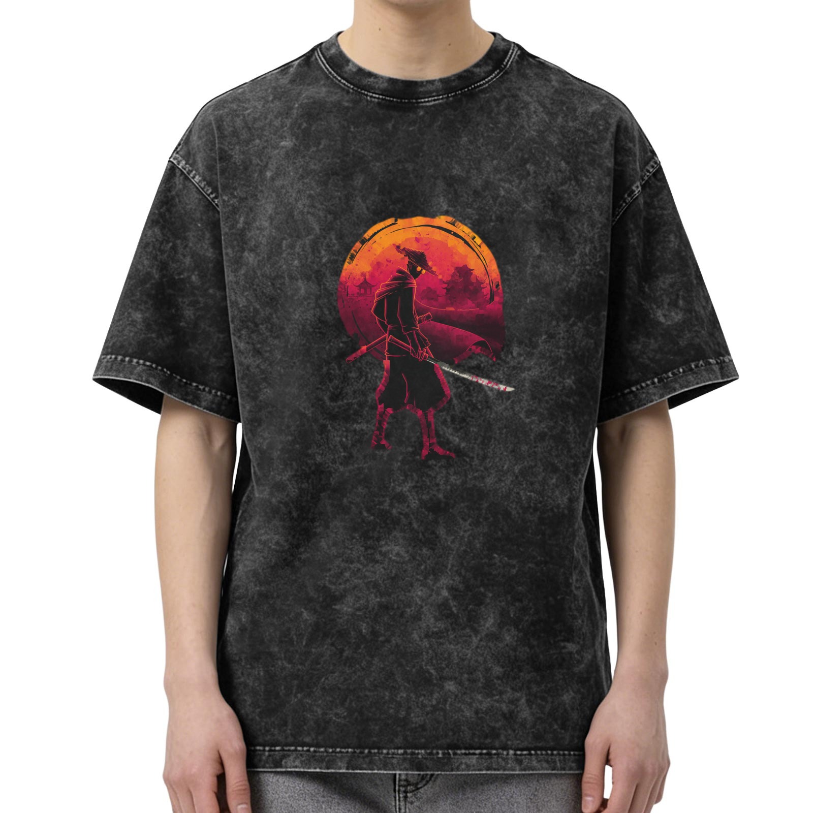 Oversized Acid Wash T-Shirt With Samurai Silhouette Sunset Print