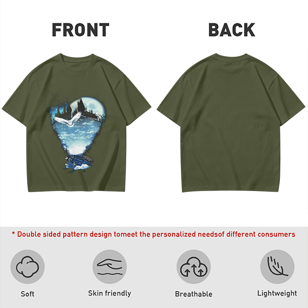 Olive T-Shirt With Magical Castle Owl Night Sky Graphic