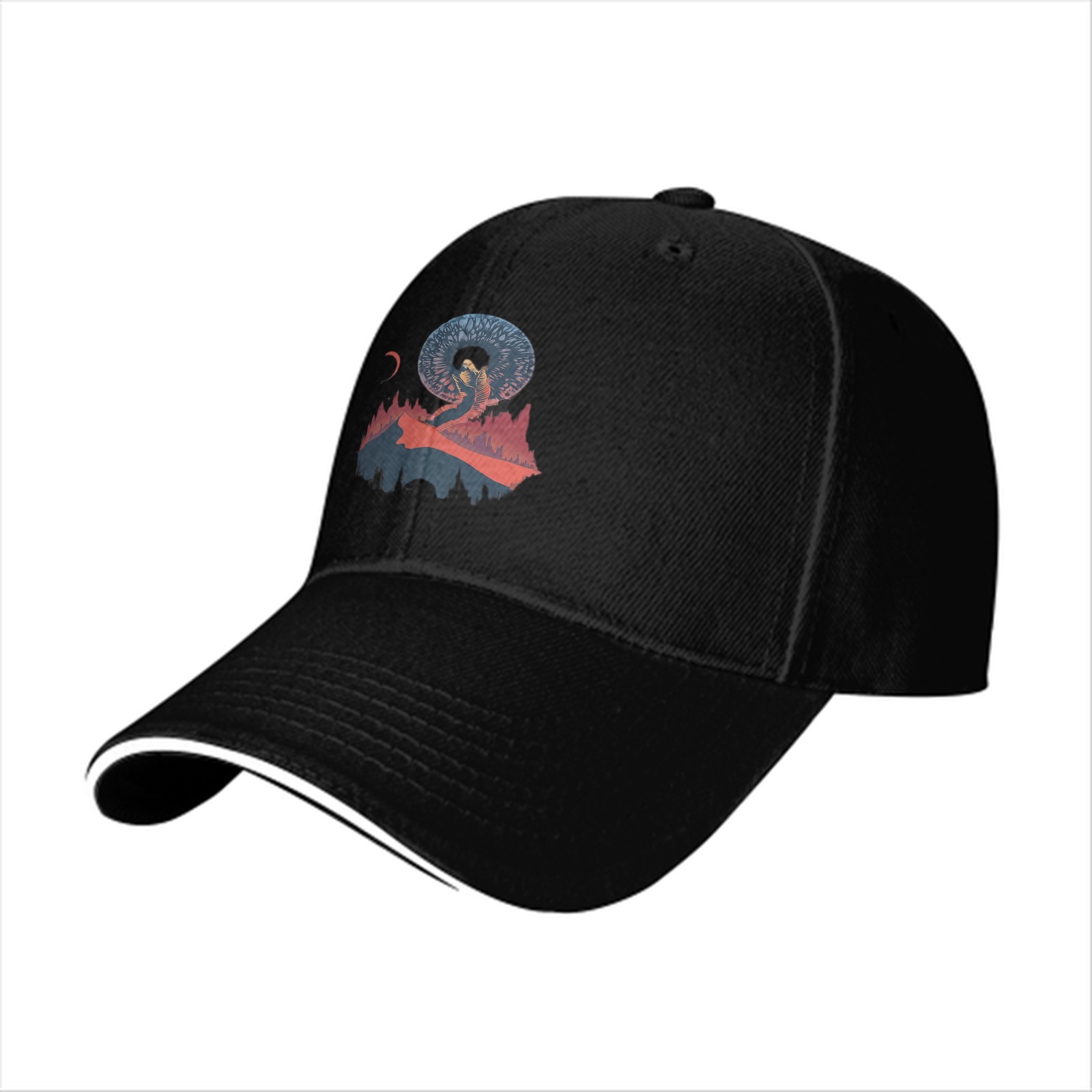 Black Baseball Cap With Surreal Celestial Mountain Art Print