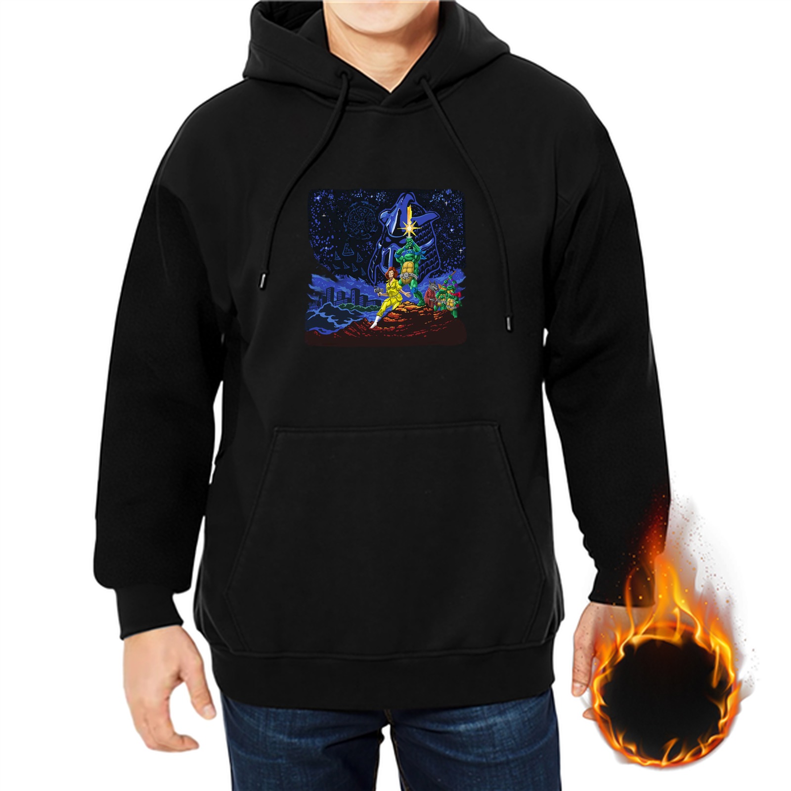 Black Hoodie With Retro Sci-Fi Space Scene Graphic Print