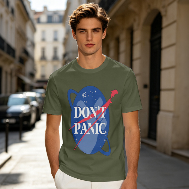 Olive green space-themed t-shirt with 'Don't Panic' print