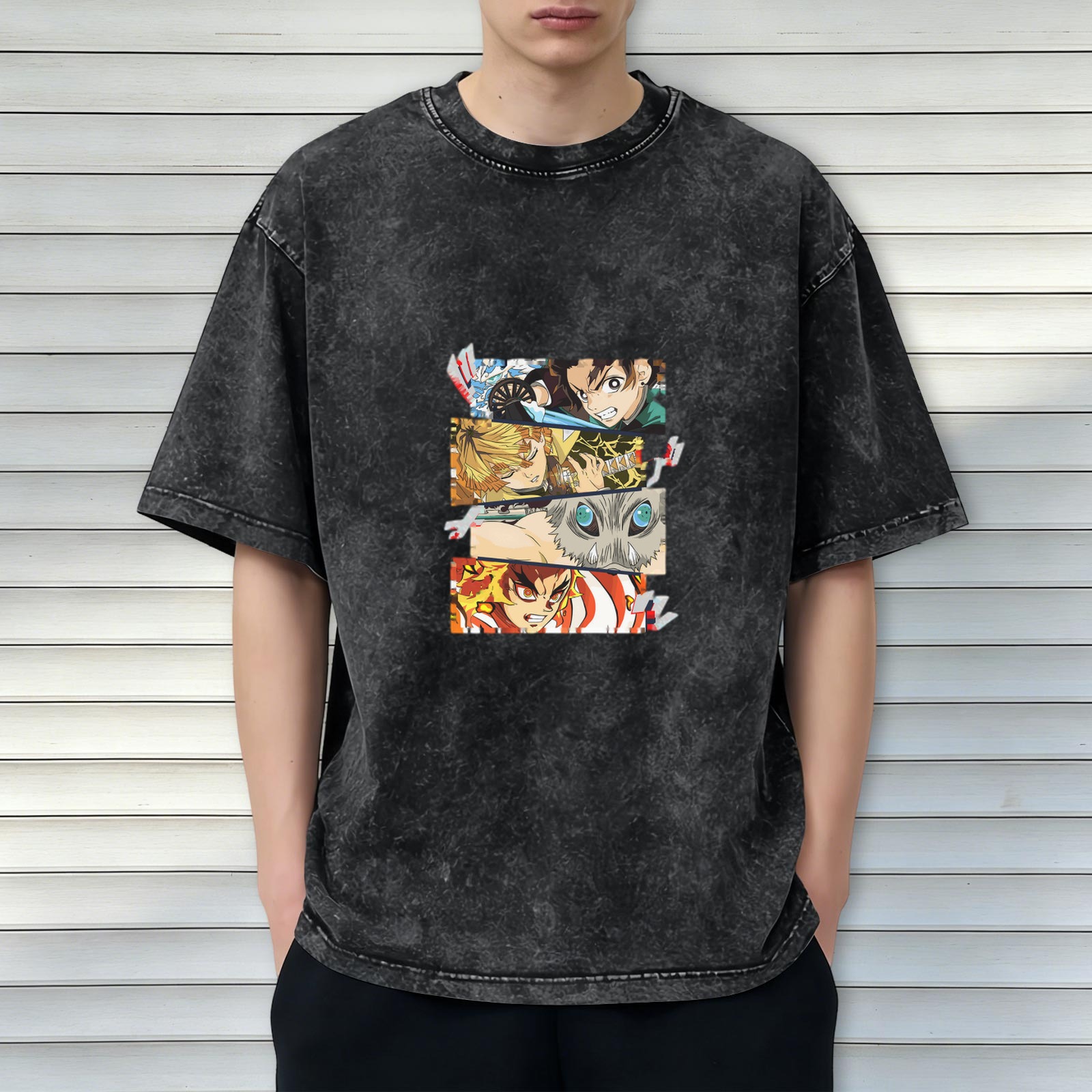 Demon Slayer themed distressed short-sleeved T-shirt