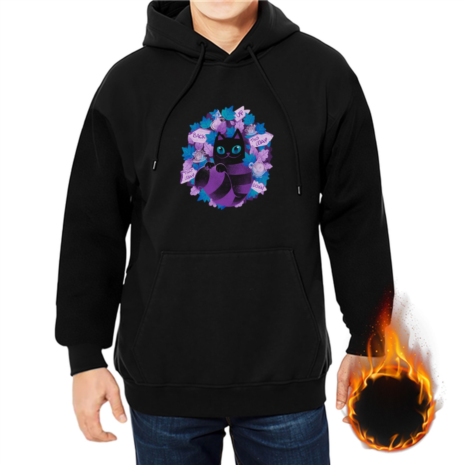 Black Cat Graphic Hoodie With Purple And Blue Whimsical Artwork