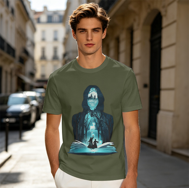 Olive T-Shirt With Dark Wizard Silhouette Forest Patronus Art Print