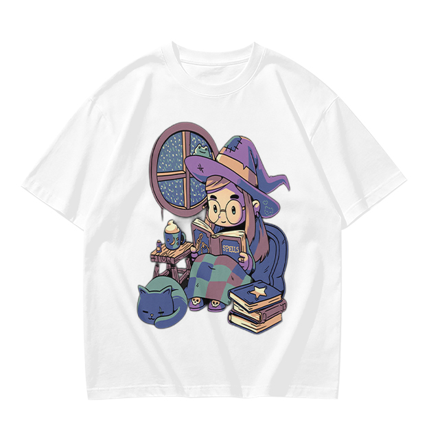 Olive t-shirt with cozy reading witch and cat graphic