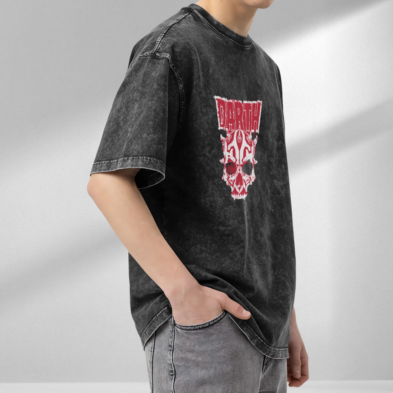 Darth Maul Skull Graphic Black Acid Wash T-Shirt