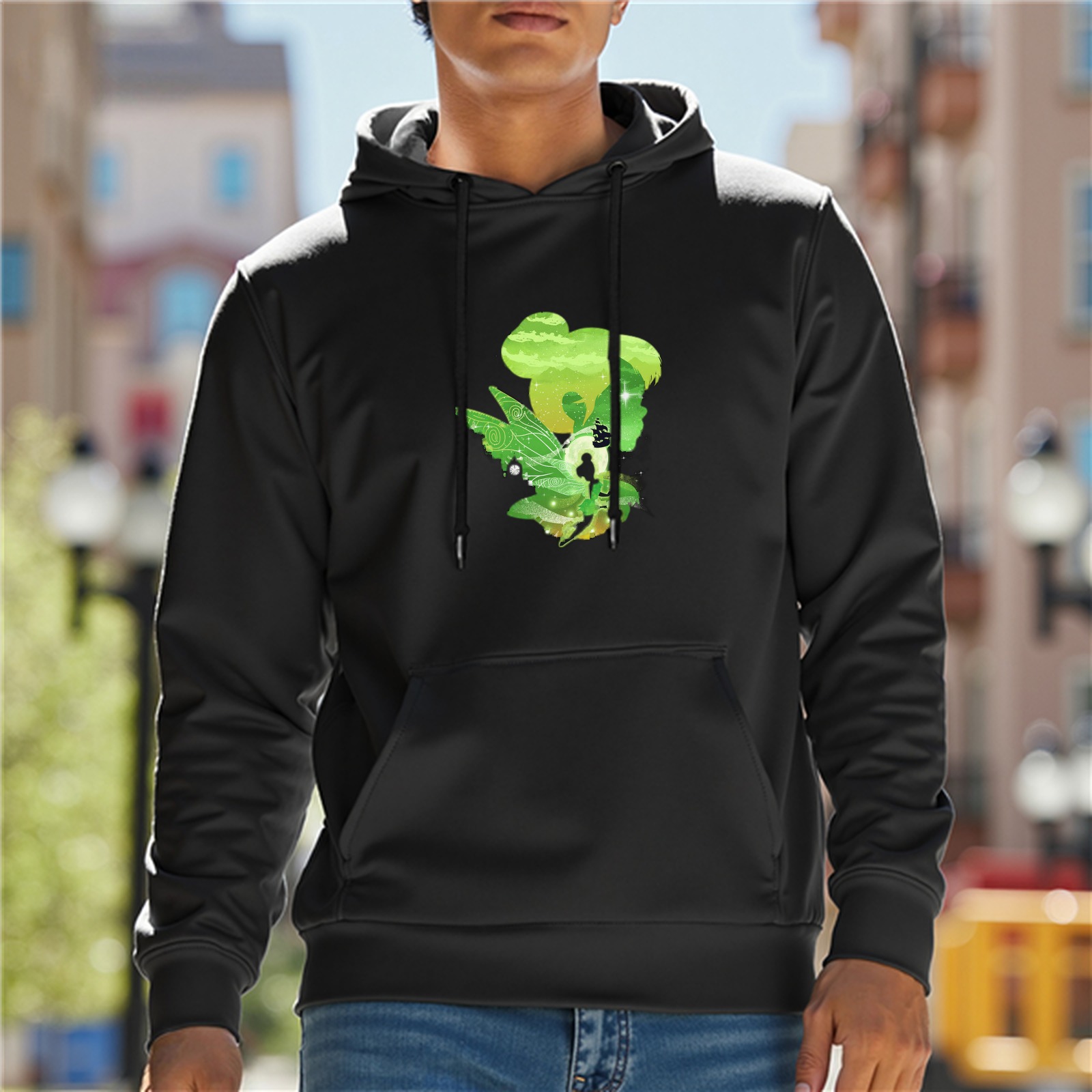 Black Hoodie With Green Tinker Bell Fairy Silhouette Graphic