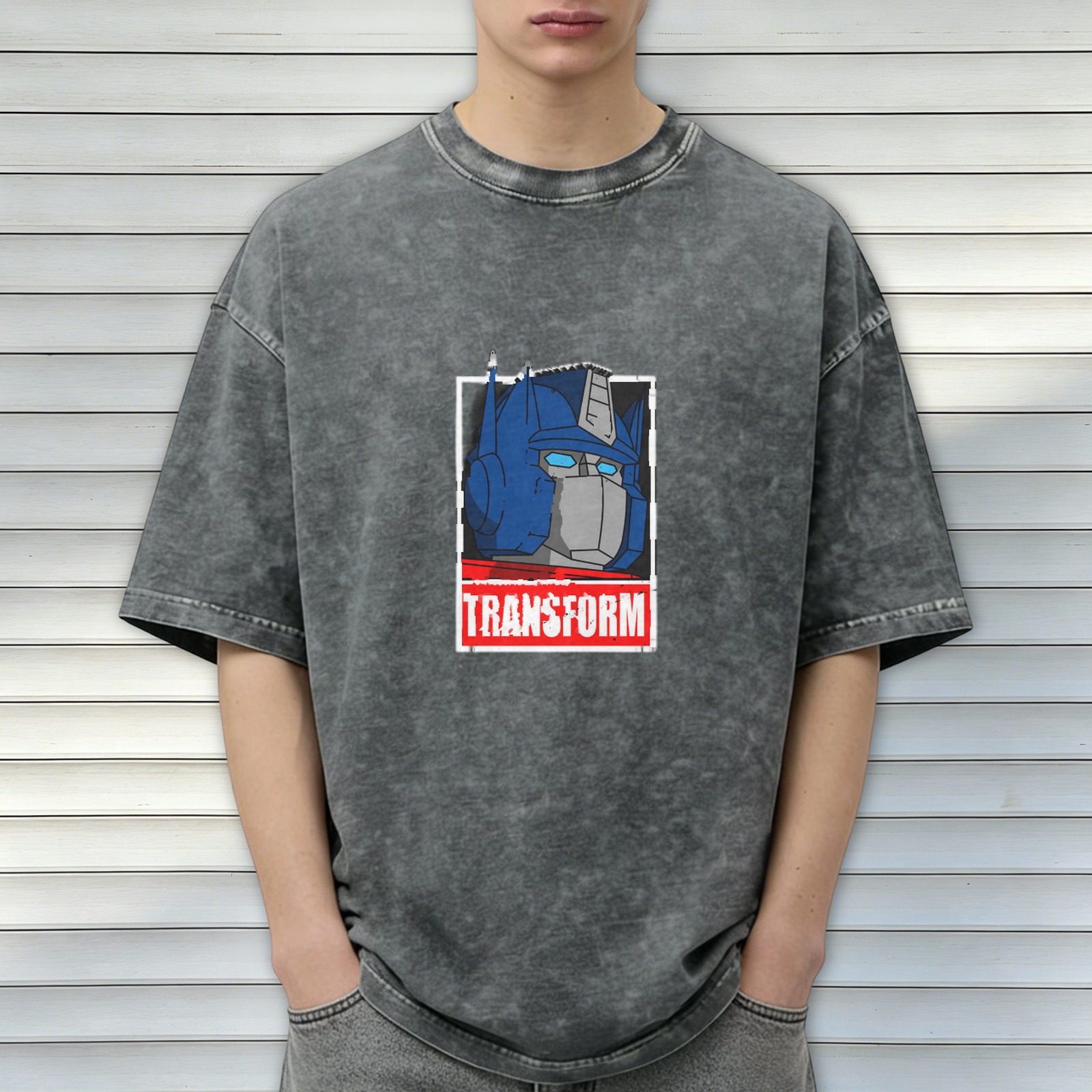 Washed Black T-Shirt with Optimus Prime Graphic and Transform Text