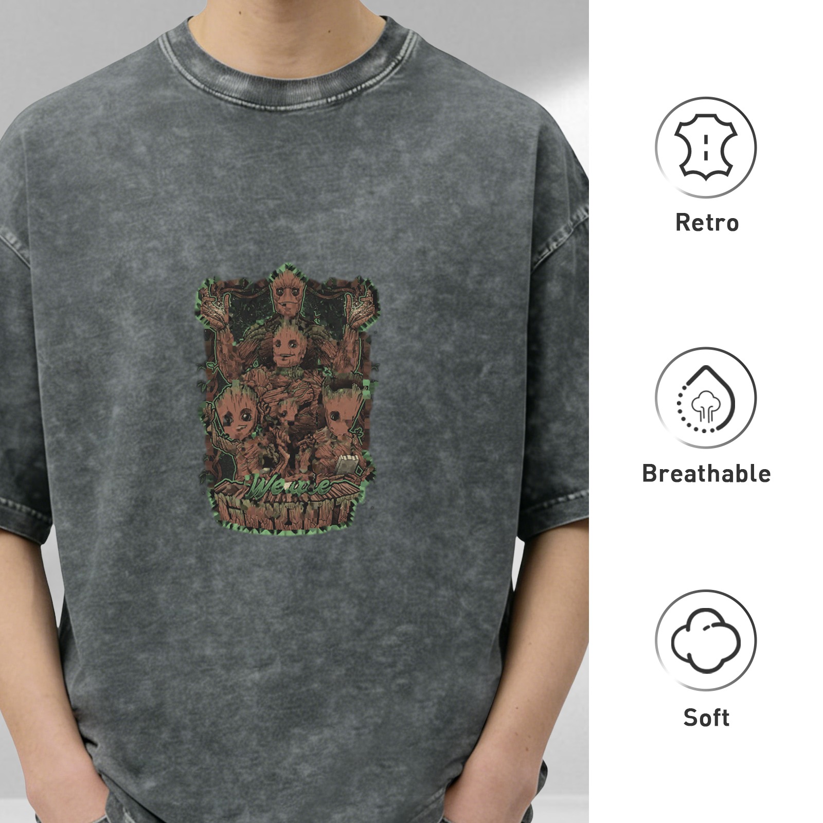 Washed Black Oversized T-Shirt with Groot Character Graphic