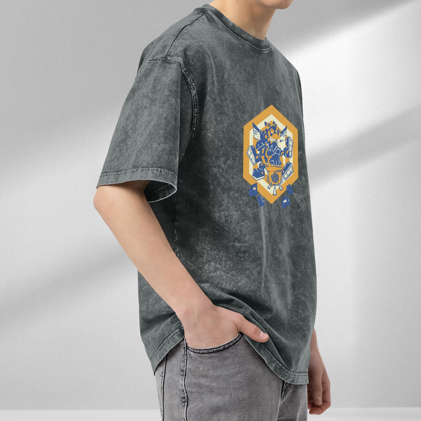 Oversized Acid Wash T-Shirt With Hexagon Robot Graphic Print