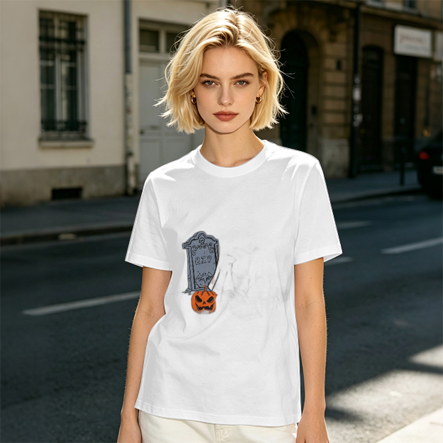 Olive Halloween Graphic T-Shirt with Tombstone and Jack-o'-Lantern