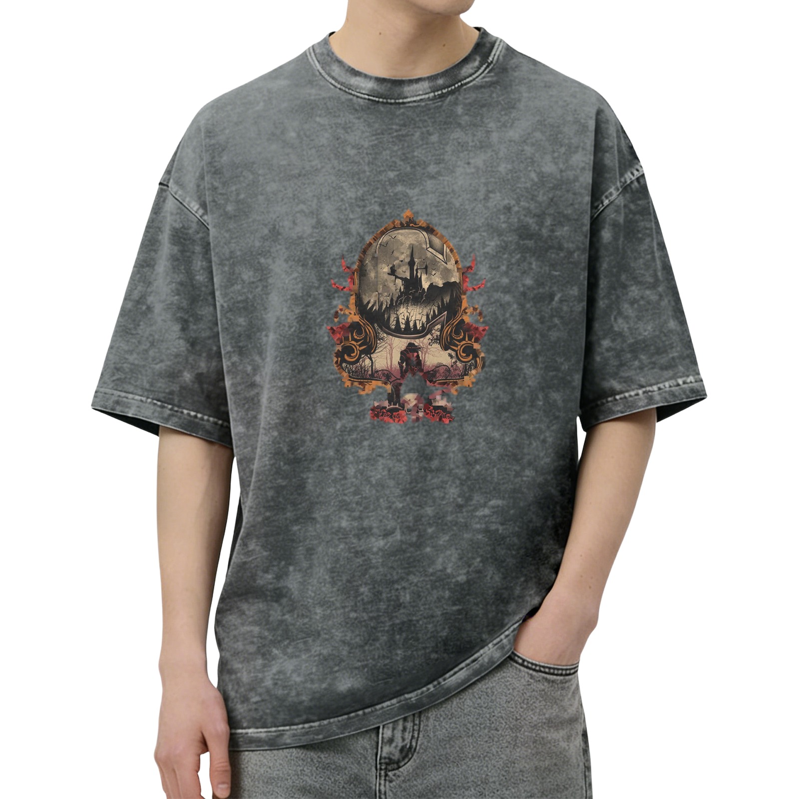 Oversized Vintage Washed Black T-Shirt with Gothic Castle & Skull Graphic Print