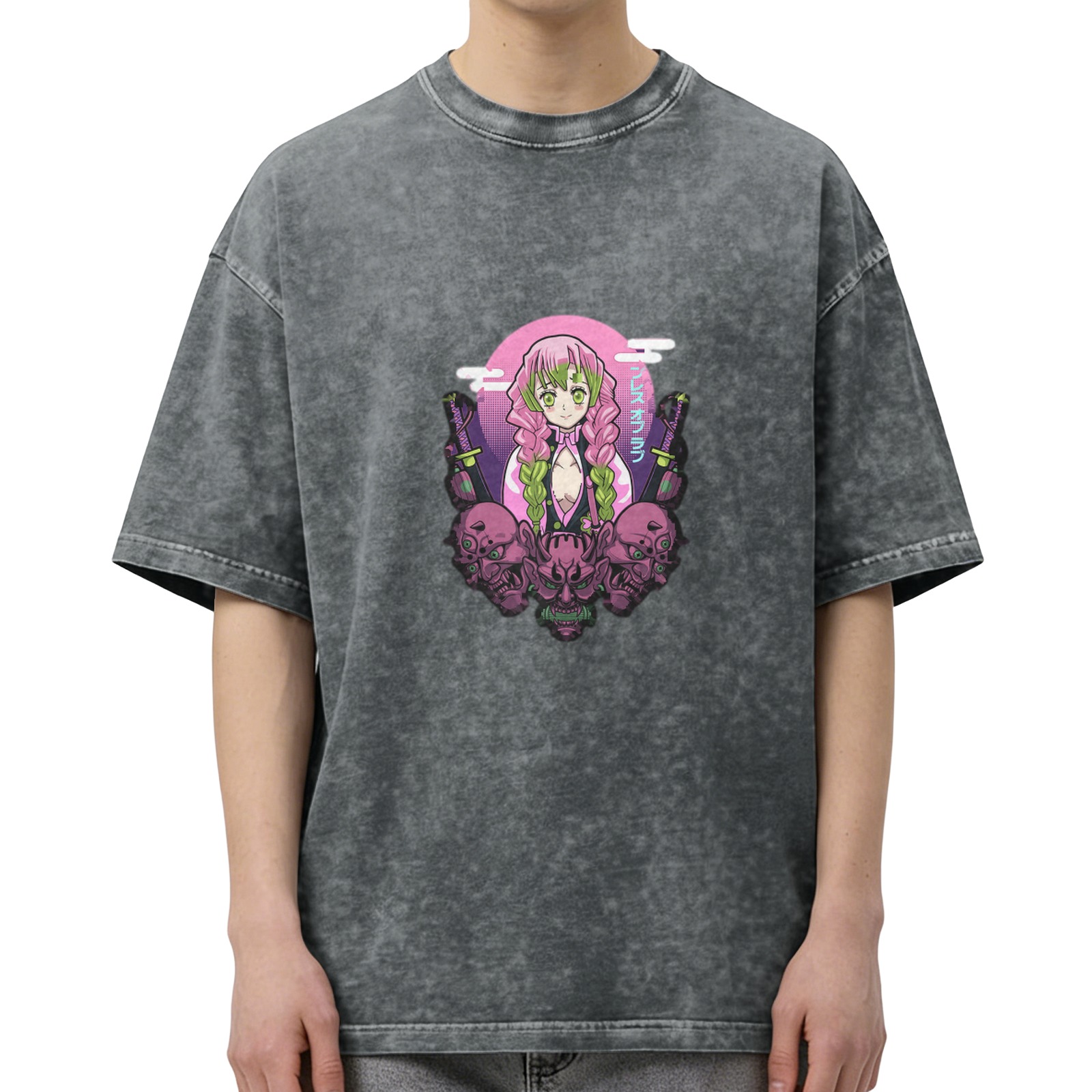 Oversized Acid Wash T-Shirt with Anime Demon Slayer Character Print