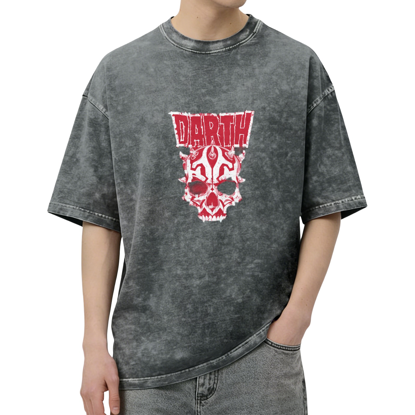 Darth Maul Skull Graphic Black Acid Wash T-Shirt