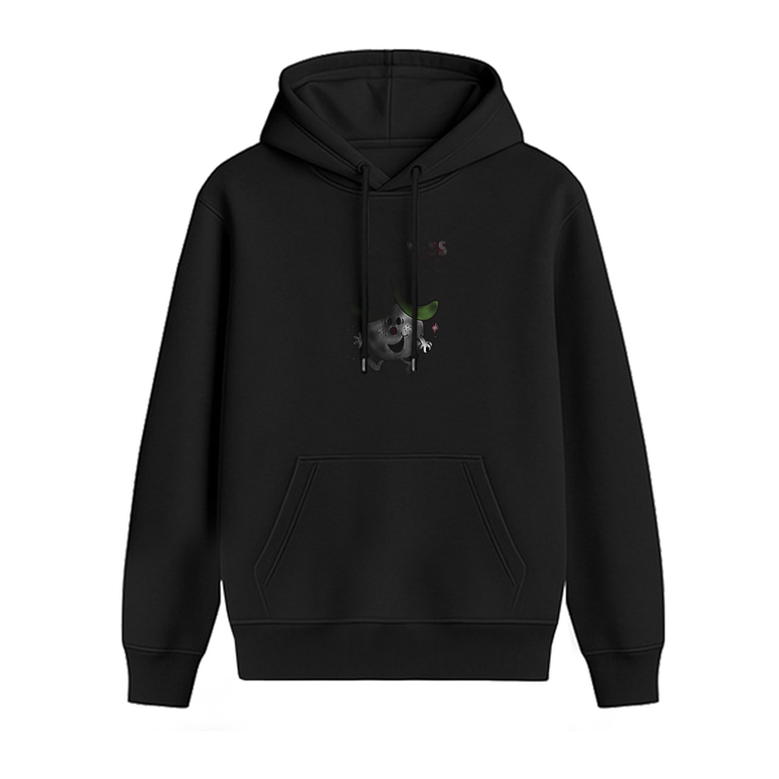 Black hoodie with playful cartoon character graphic print