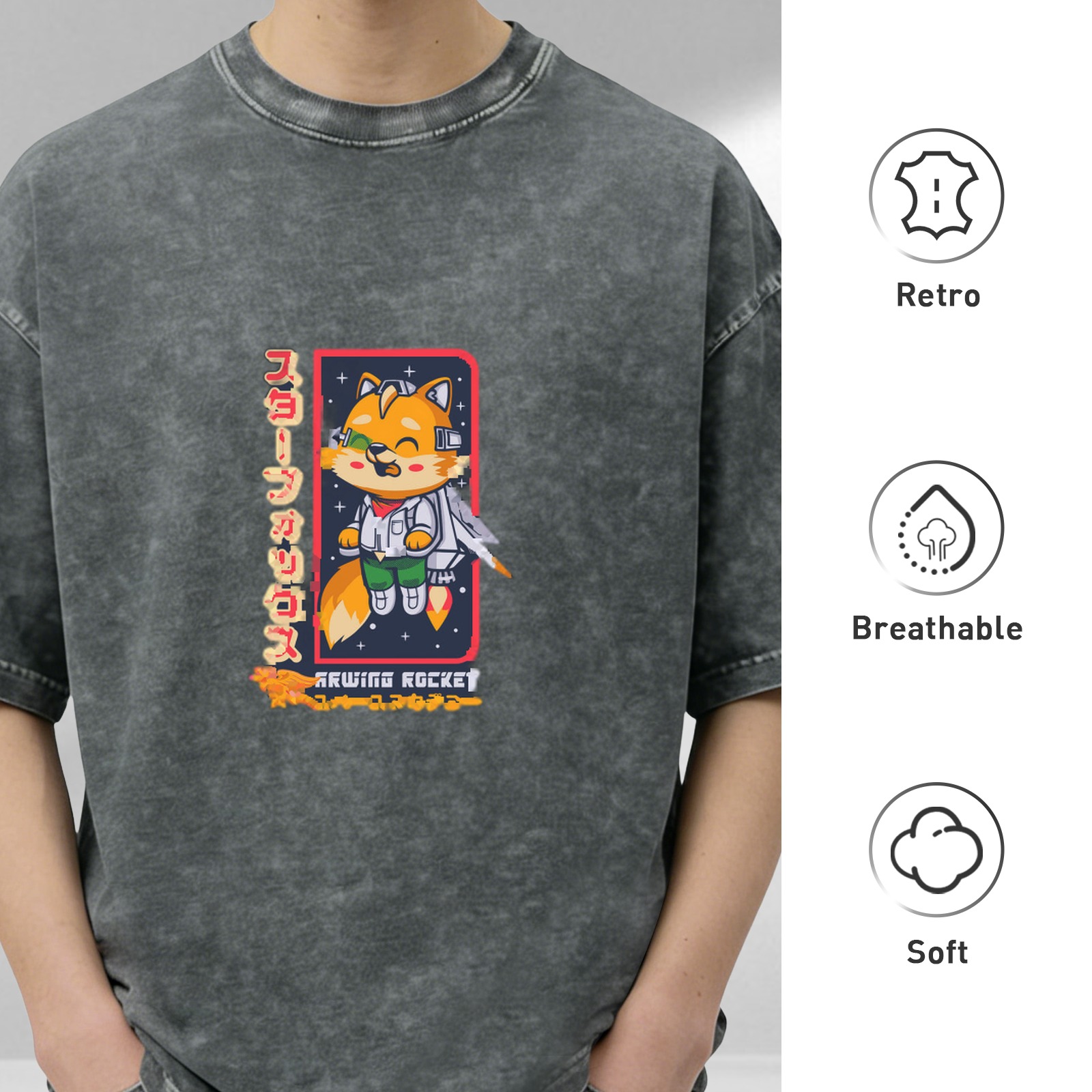 Washed black graphic t-shirt with cartoon space fox and rocket design