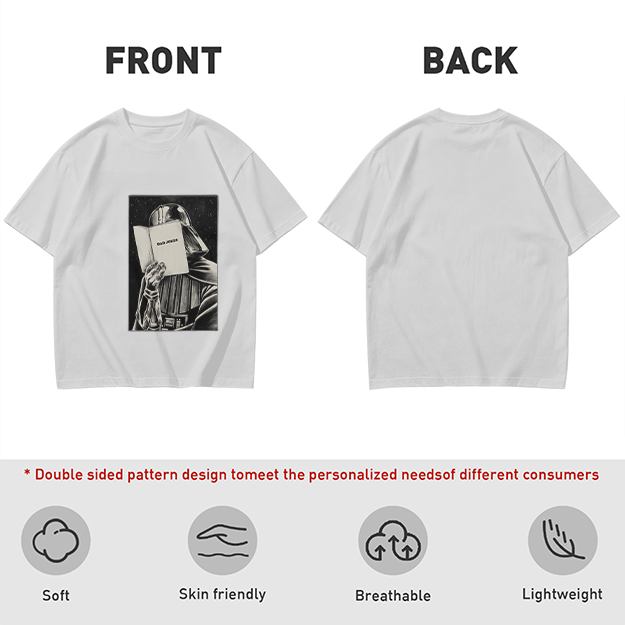 Olive T-shirt with Darth Vader reading a book graphic
