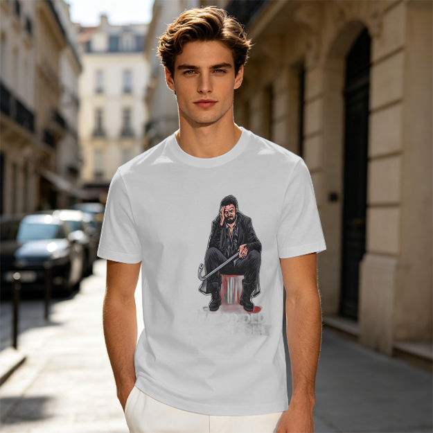 Olive T-shirt with seated bearded man holding crowbar graphic