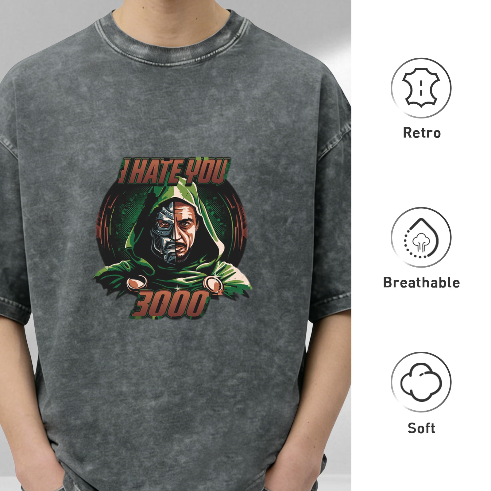 Washed Black Graphic T-Shirt with I Hate You 3000 Doom Design
