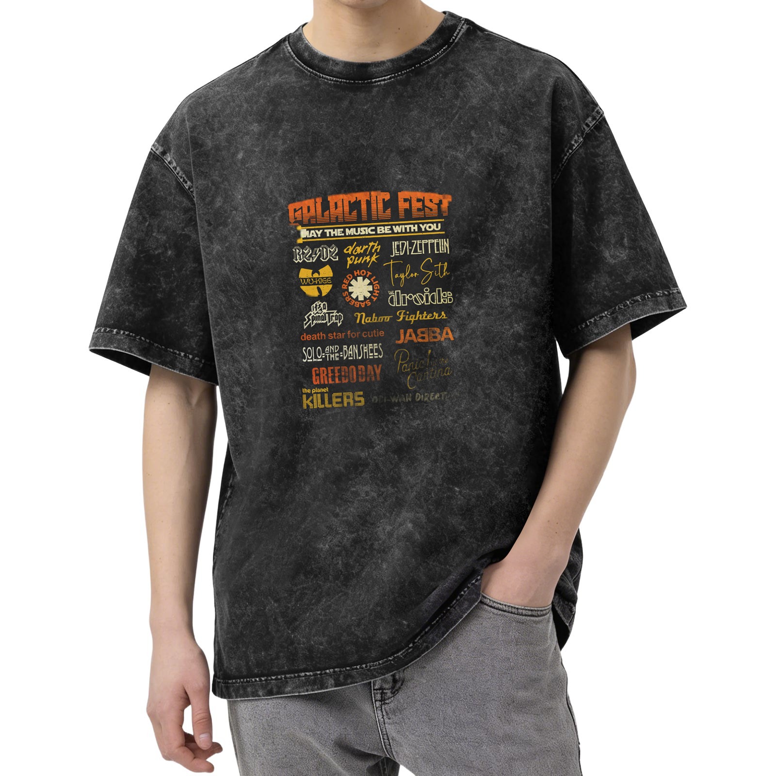 Galactic Fest Star Wars Parody Band Graphic Acid Wash Oversized T-Shirt