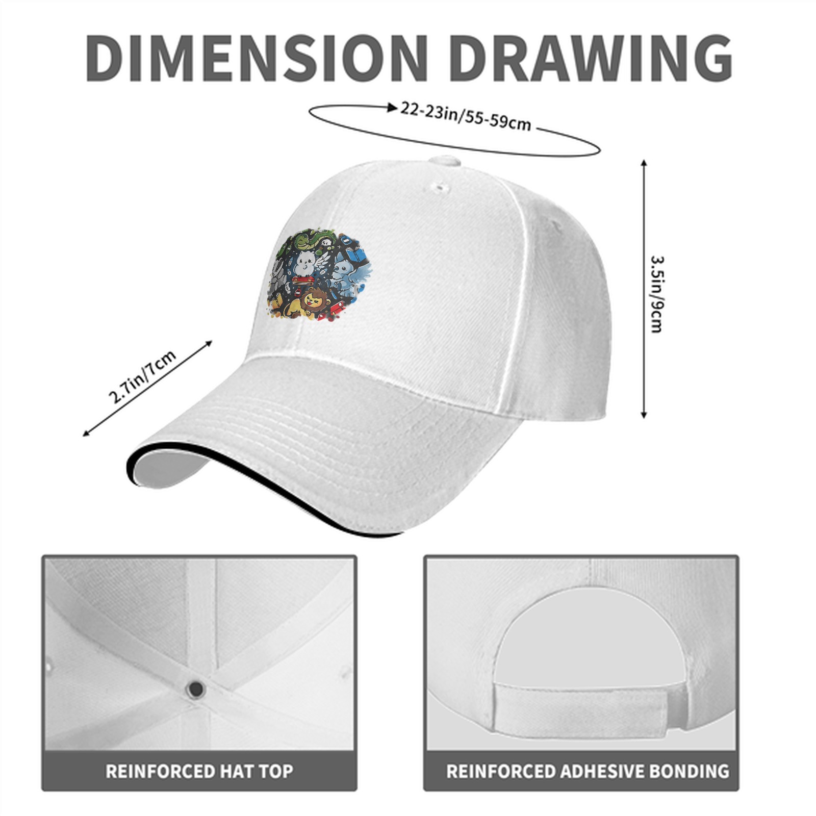 Black Baseball Cap With Cute Magical Creatures Graphic Design