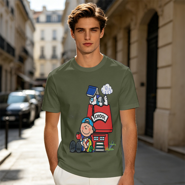 Olive T-shirt with Charlie Brown and Snoopy School Print