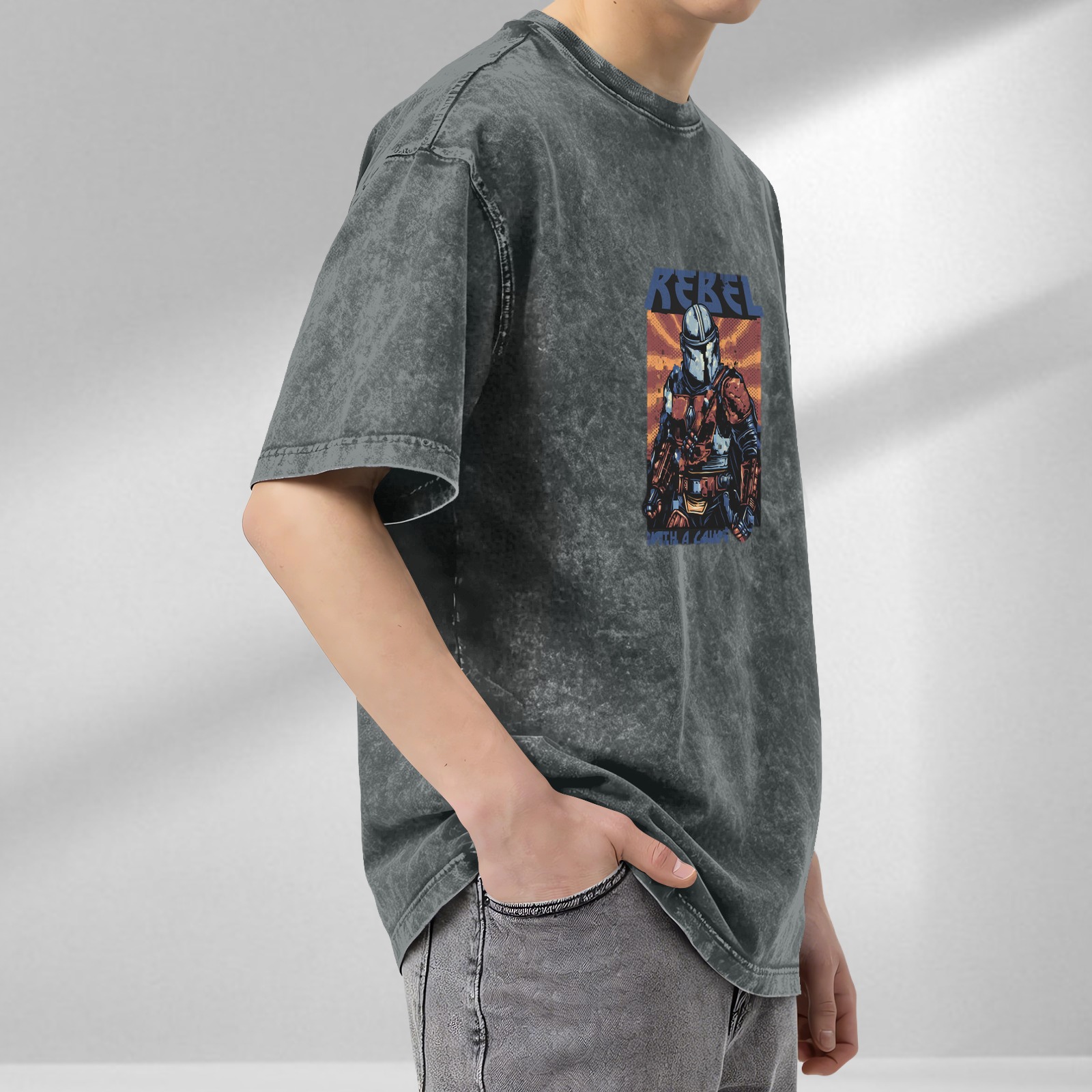 Washed Black T-Shirt With Rebel Bounty Hunter Graphic