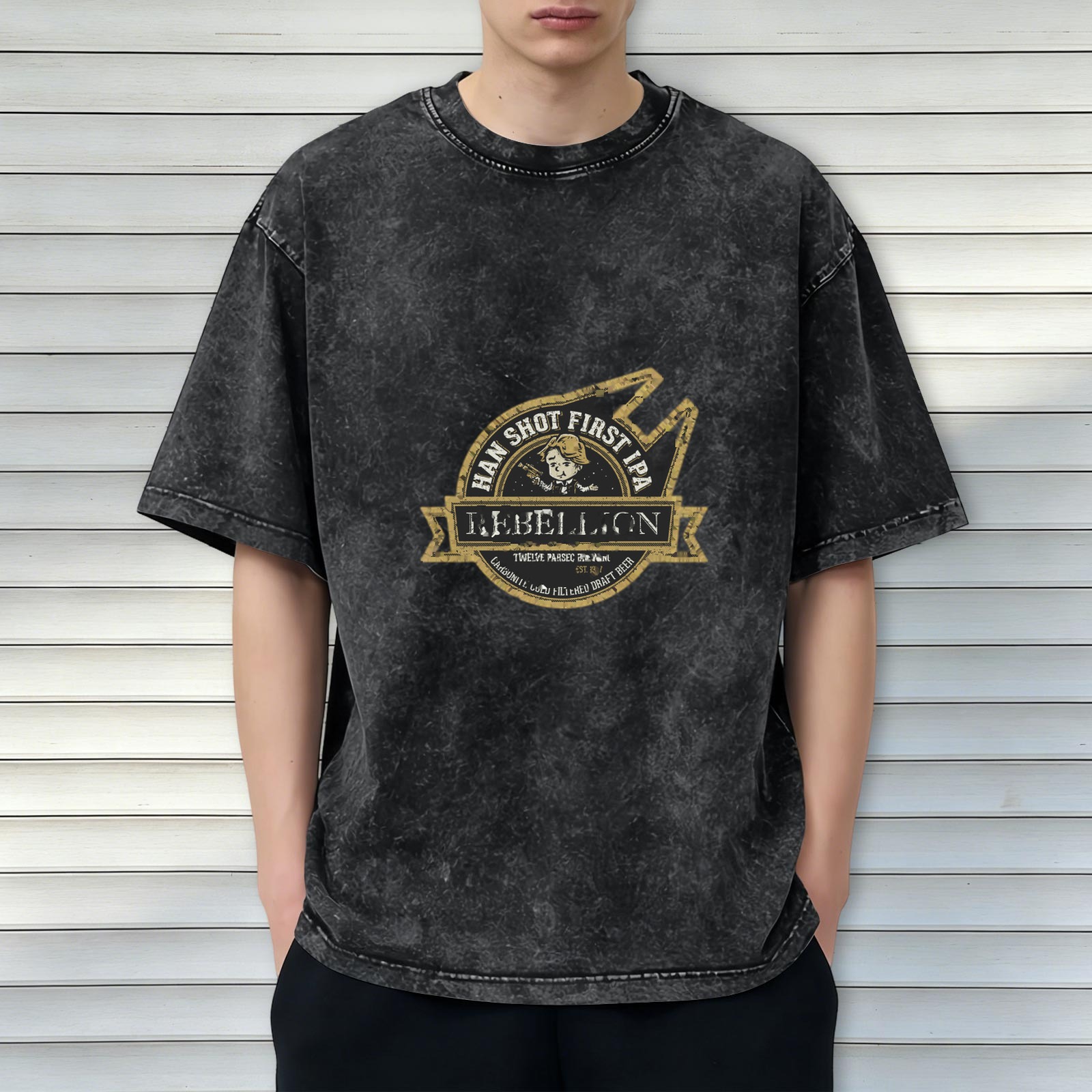 Distressed washed black round neck short-sleeved T-shirt Star Wars themed fun printed casual top