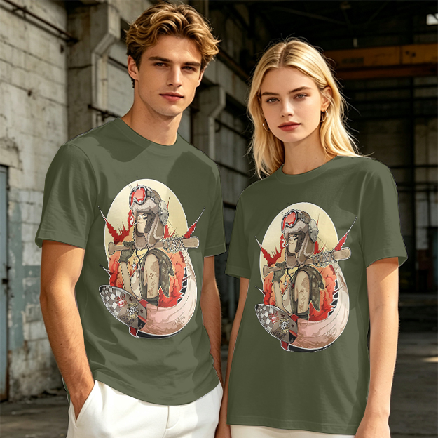 Olive T-Shirt with Retro Military Pilot Girl Graphic Print