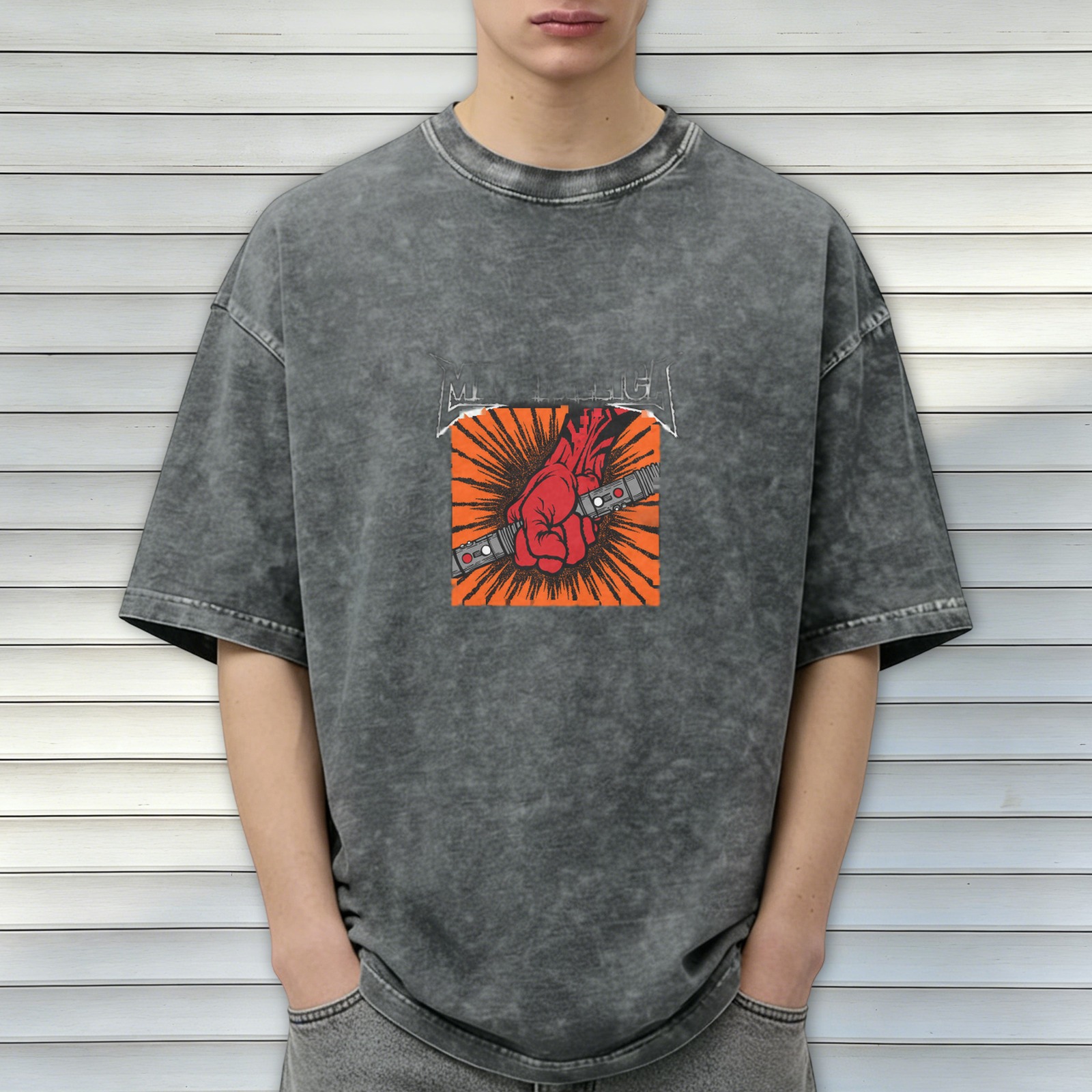 Metallica rock band themed acid washed distressed short-sleeved T-shirt Heavy metal band peripheral printed top