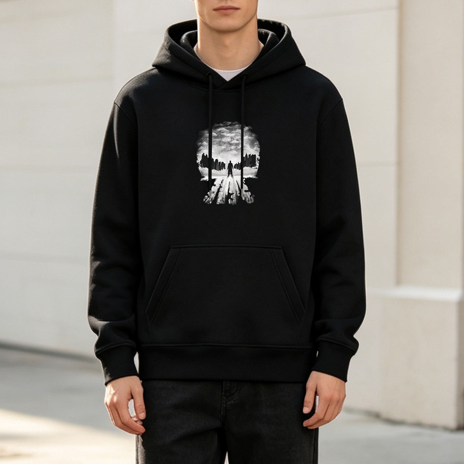 Black Hoodie With Skull Silhouette Landscape Graphic Print