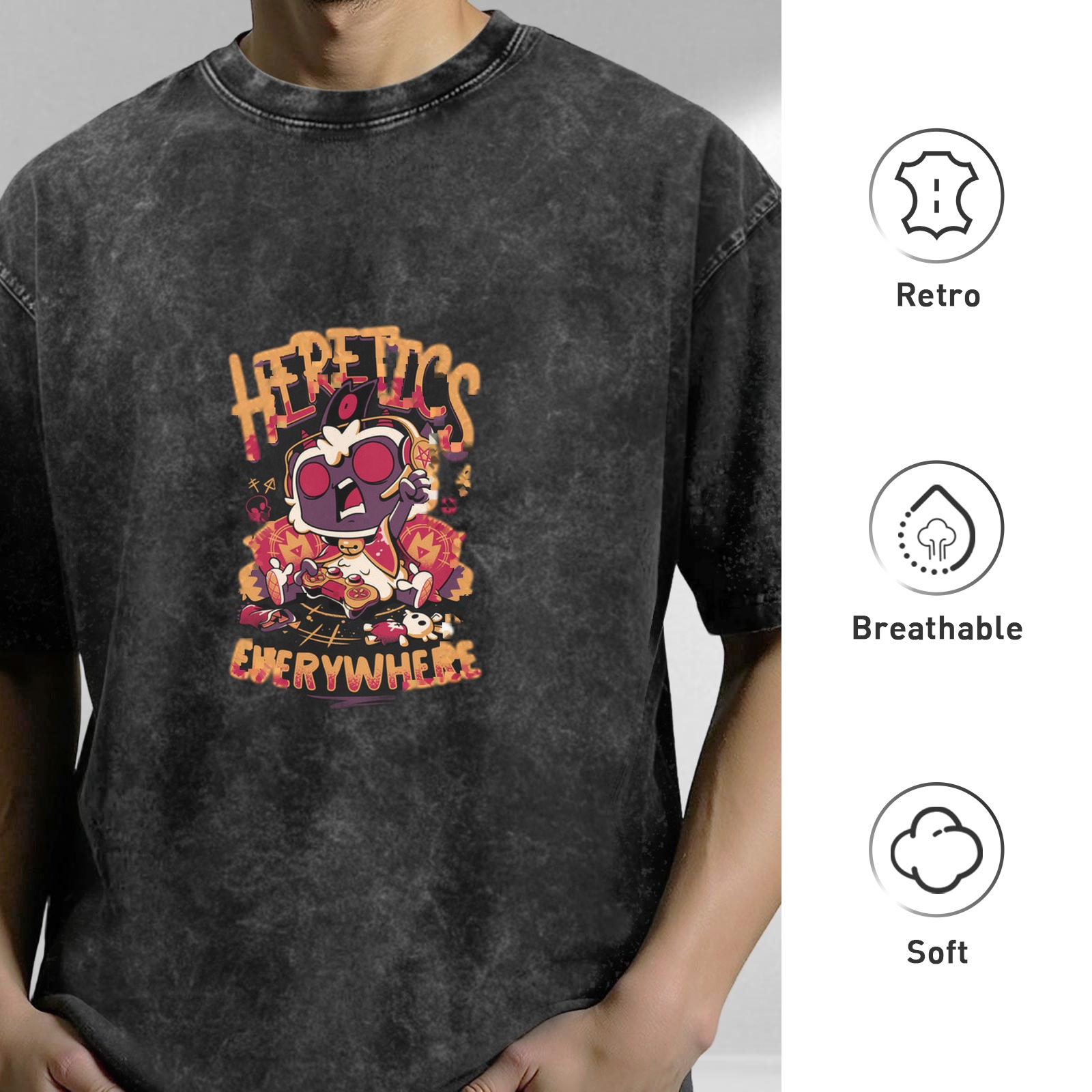 Distressed washed black cartoon print short-sleeved T-shirt