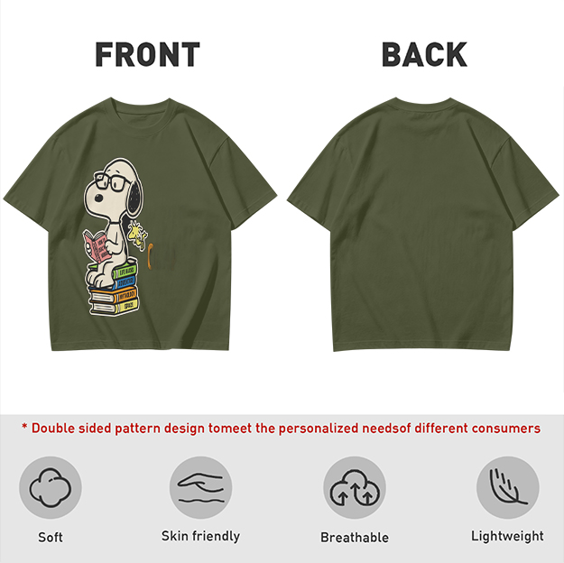 Olive T-shirt with Snoopy reading on stack of books