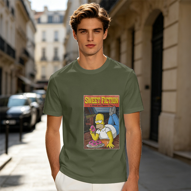 Olive T-Shirt with Homer Simpson Sweet Fiction Donut Print