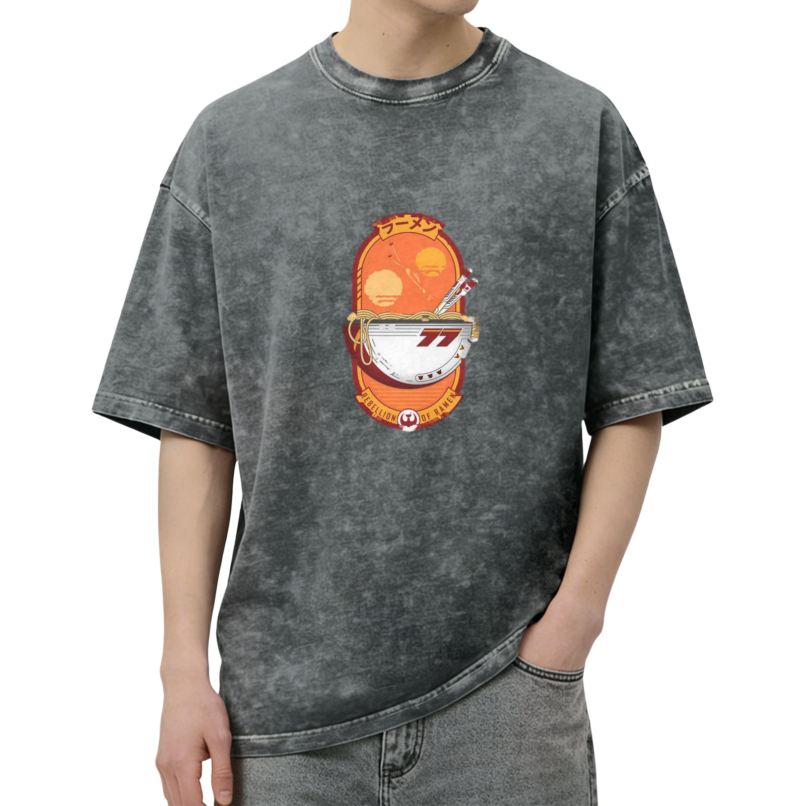 Oversized Dark Wash T-Shirt With Racer Ramen Graphic