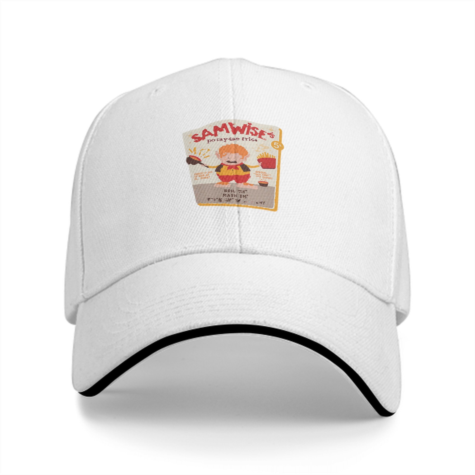 Black baseball cap with Samwise's potato fries graphic