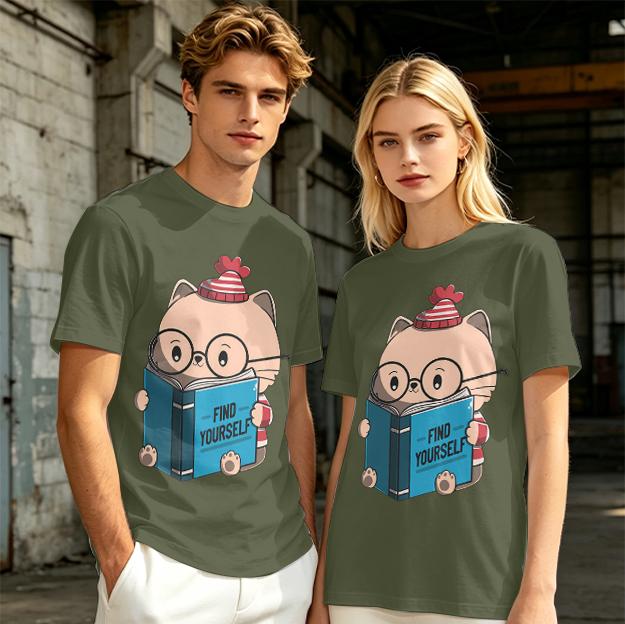 Olive T-shirt with Cute Reading Cat Graphic 'Find Yourself'