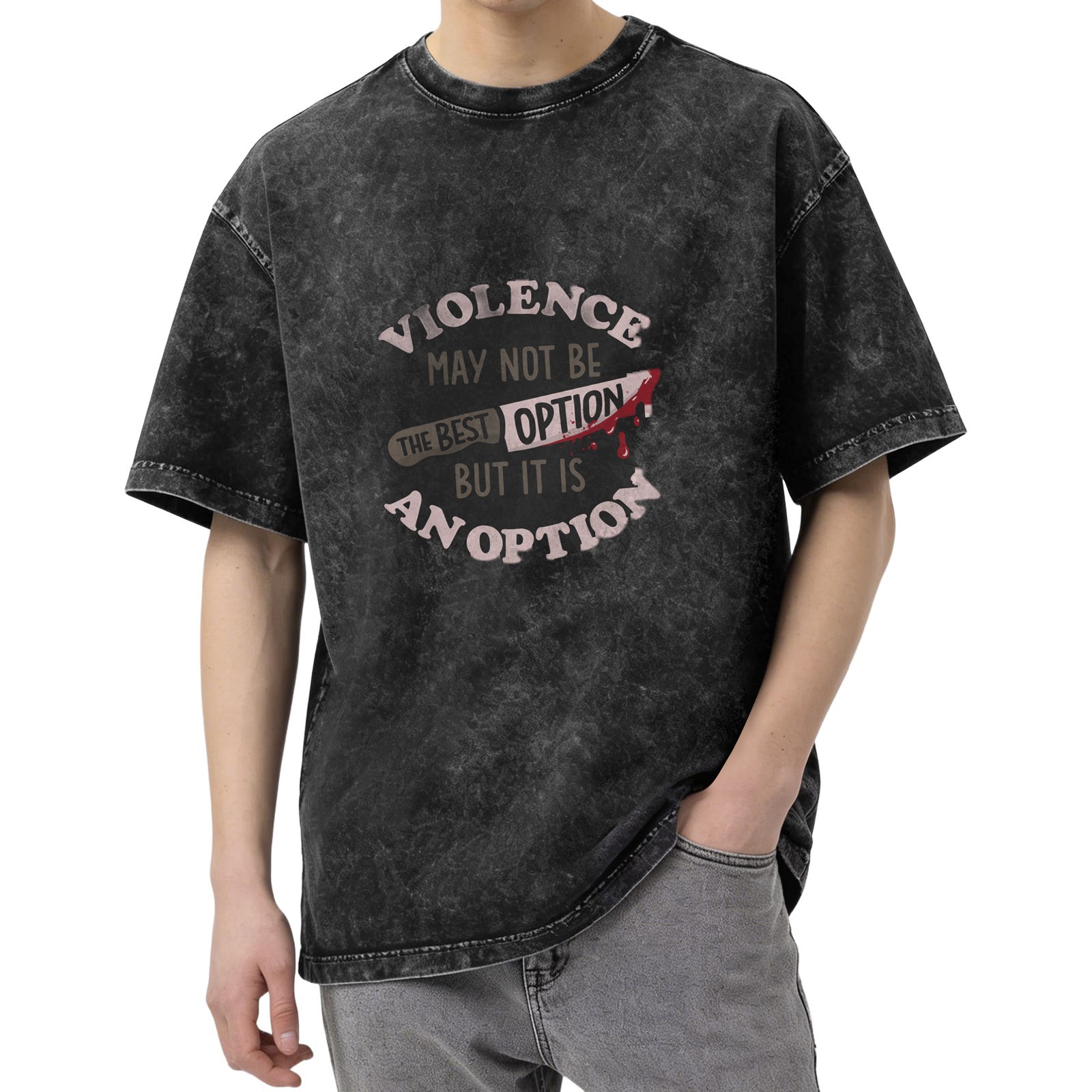 Oversized acid wash graphic tee with violence is an option print