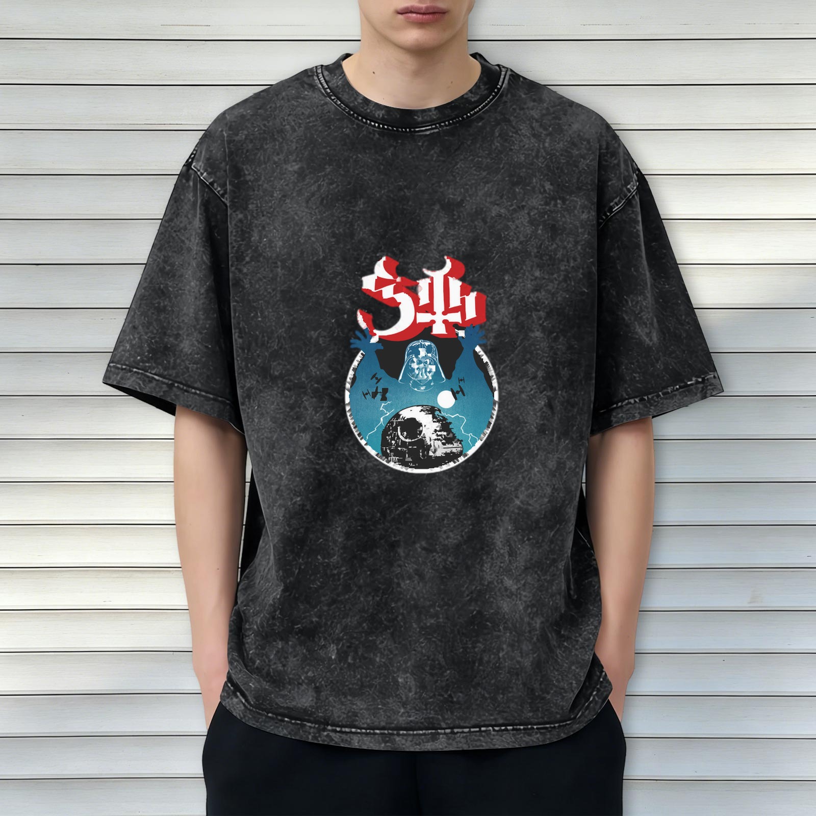 Oversized Acid Wash Graphic T-Shirt with Star Wars Darth Vader & Death Star Print