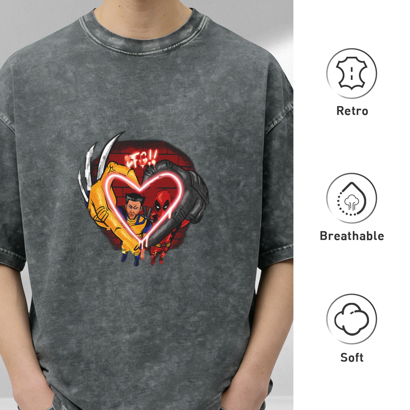 Wolverine and Deadpool Heart Neon Graphic T-Shirt