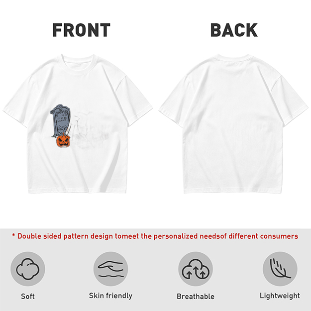 Olive Halloween Graphic T-Shirt with Tombstone and Jack-o'-Lantern