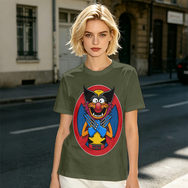 Olive T-Shirt With Muppet Wolverine Mashup Graphic